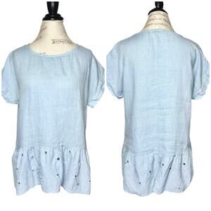 Terzo Millennio | Women | 100% Linen Lagenlook Eyelet Trim Tunic Top | Small
